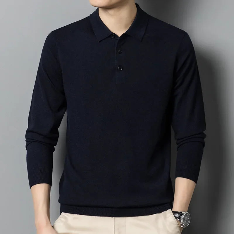 Men's Autumn Long-Sleeved Wool Blend Solid Color Polo Pullover Sweater with Lapel, Casual Bottoming Sweater -Sizes M-4XL