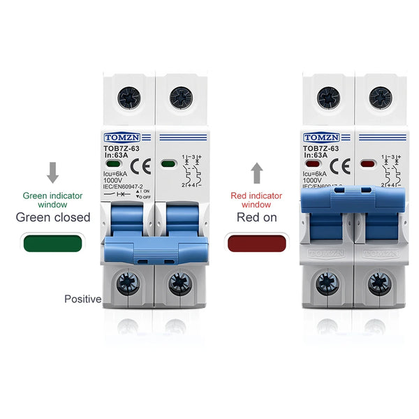 TOMZN 2P DC 1000V Solar Mini Circuit Breaker 3A 6A 10A 16A 20A 25A 32A 40A 50A 63A DC MCB for PV System