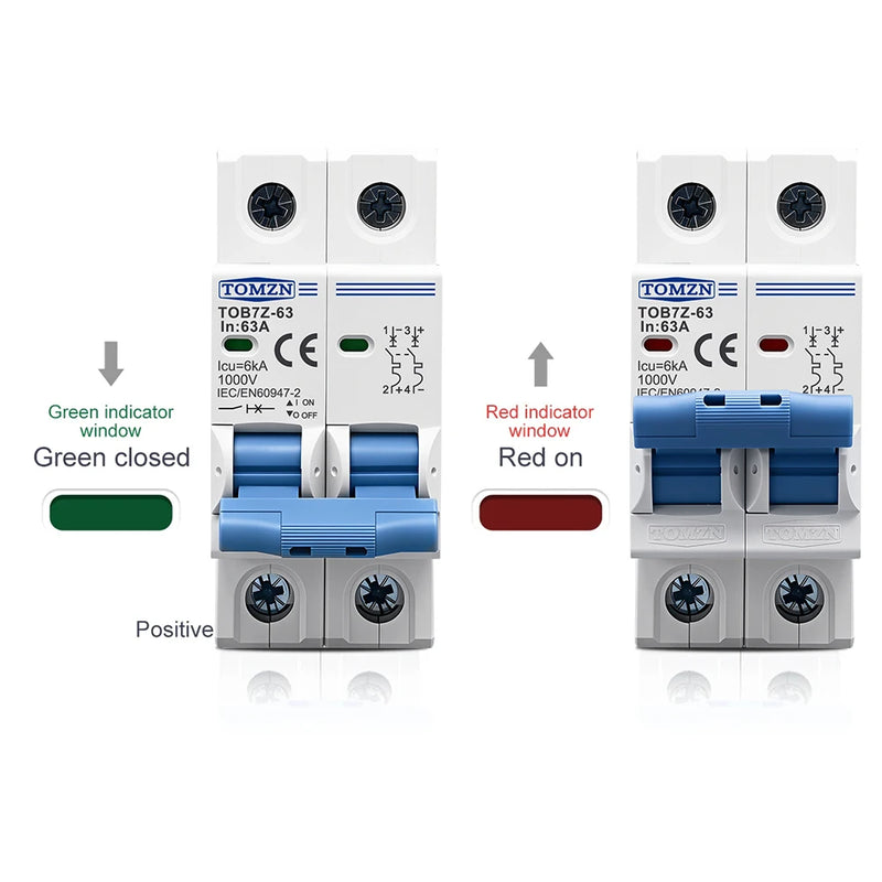 TOMZN 2P DC 1000V Solar Mini Circuit Breaker 3A 6A 10A 16A 20A 25A 32A 40A 50A 63A DC MCB for PV System