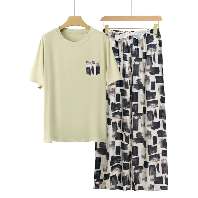 Fashion Printed Short Sleeve Straight Pants Set New Modal Comfort Woman Pajamas Loose Women's Home Clothes Spring Summer Pijama