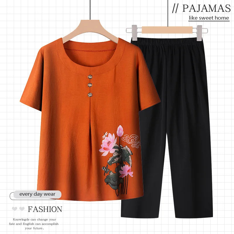 Cotton Printed Middle Aged Mother Sleepwear Short Sleeve Women's Pajamas Set Summer Home Wear Grandma Two Piece Outfit XL-4XL