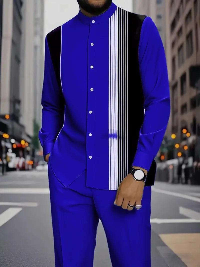 Men's Two-piece Set for Spring/Fall: An Ethnic-style Long-sleeve Shirt Paired with Pants, Red, Blue, Green, Gray, Black, Purple.