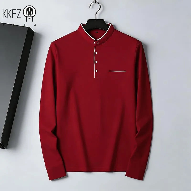2026 New Men's Navy Blue Stand Collar Long Sleeve Polo Shirt Office Business Commute Top