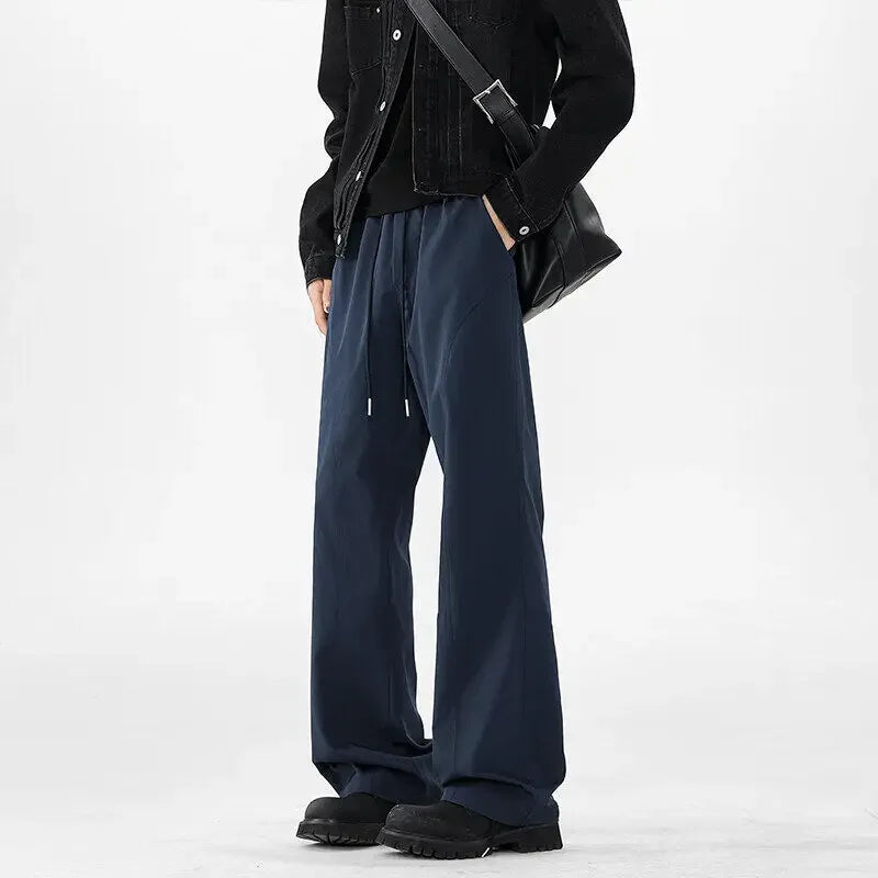Men Minimalist Loose Wide Leg Pants Drawstring Elastic Waist Comfort Smooth Fabric For Everyday Urban Casual Dressing