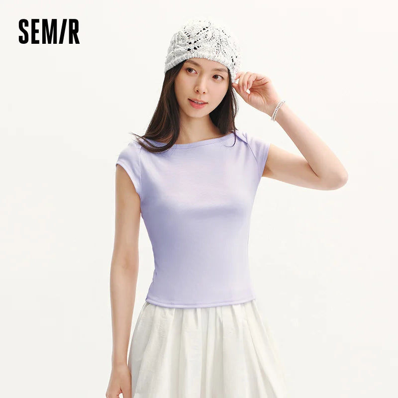 Semir Womens Tshirt 2026 Short Style Slash Neck Slim Solid Color Cool Feeling Casual Fashion