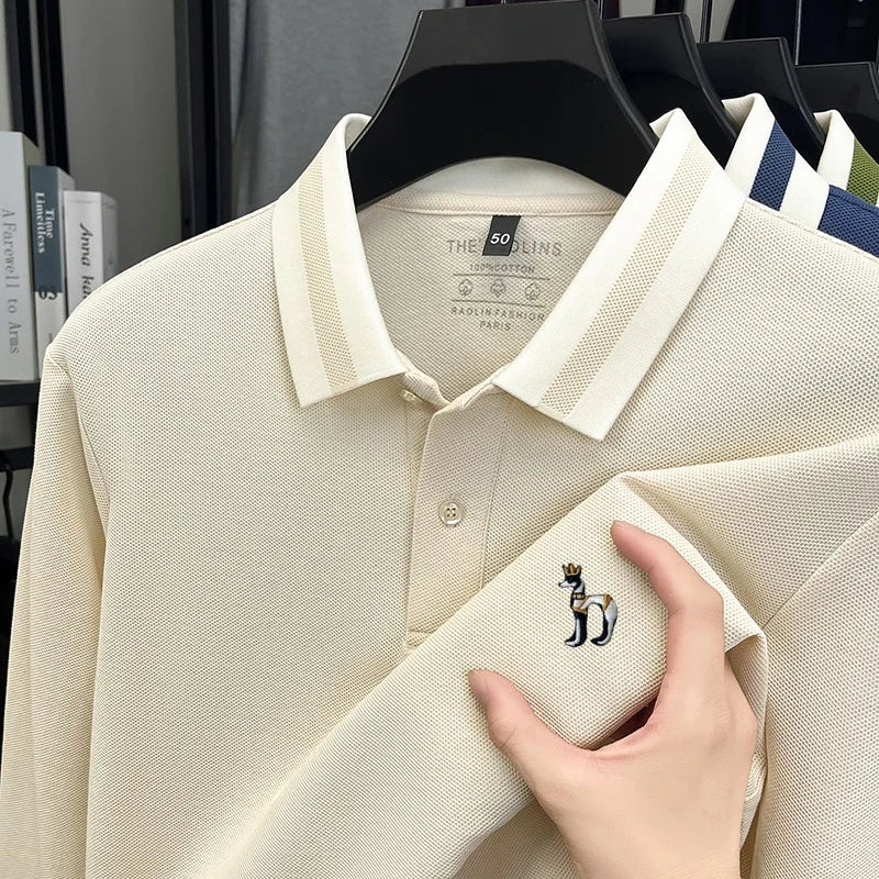 100%cotton Luxury Man Long-Sleeved Polo Shirt Button Lapel Dog Embroidery British Style Spring New Long Sleeves Leisure MensWear