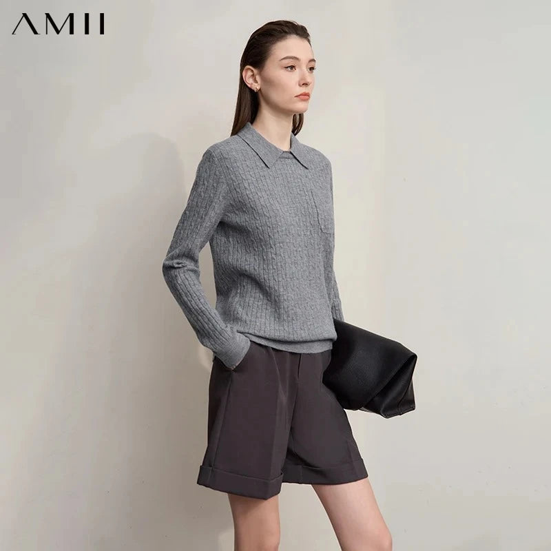 AMI Women's Sweater 2026 Autumn New Retro Solid Color Elegant Sweaters Ladies Versatile Long Sleeves Tops for Ladies 12543205