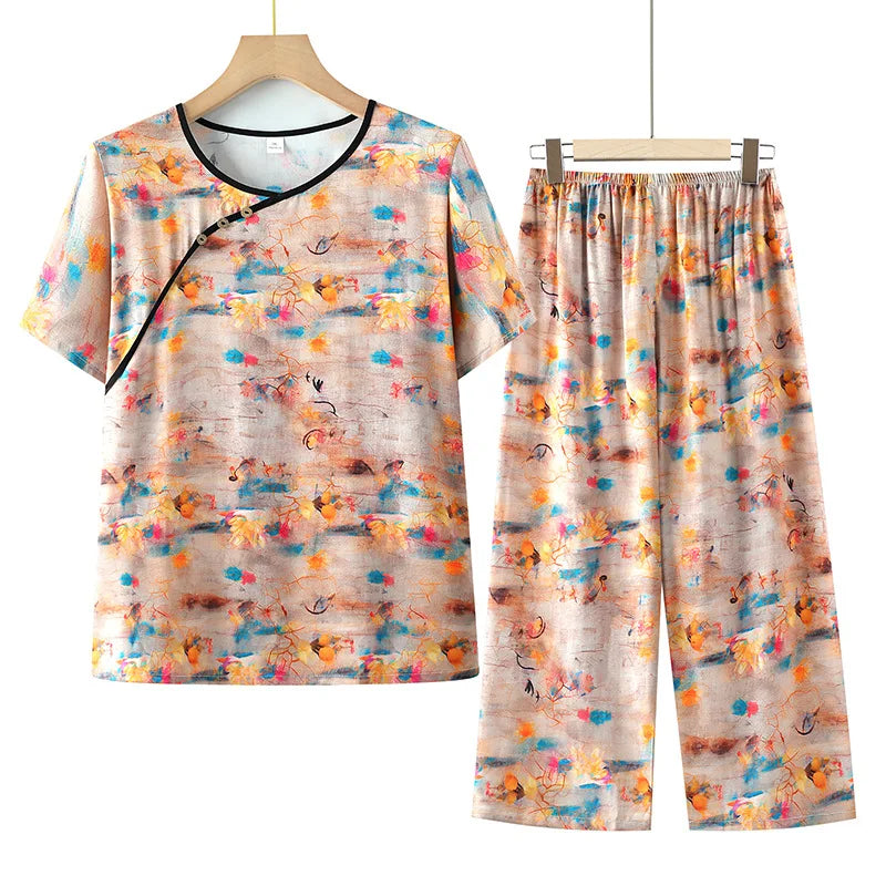 Thin Middle-aged Summer Pajama Set Floral Night Wear for Ladies Sleepwear Loose Soft Short Sleeve Nightwear for Woman Pijama