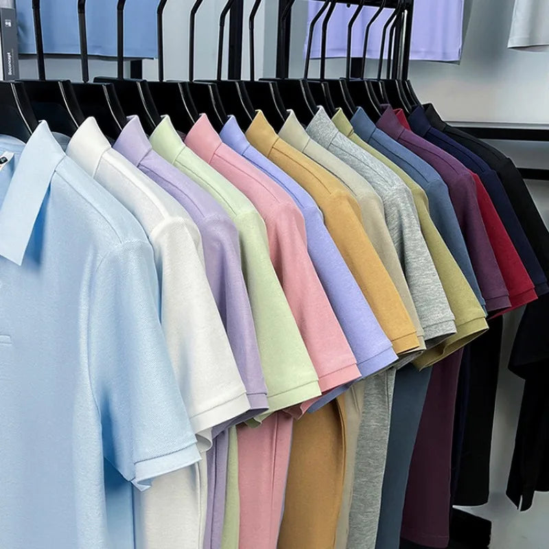 Men 100% Mercerized Cotton Polo Shirt Solid Short Sleeve Casual Business Tops Odor Resistant Premium 205g Summer