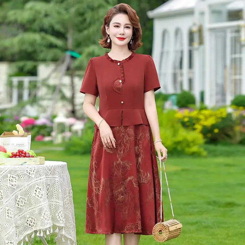 រ៉ូបពីរដុំក្លែងក្លាយ រ៉ូប Chiffon រ៉ូបនារីរដូវក្តៅ ម៉ូដស្លីម សូត្រ Satin ដេរដោយដៃខ្លី រ៉ូបម្តាយបោះពុម្ព A Line