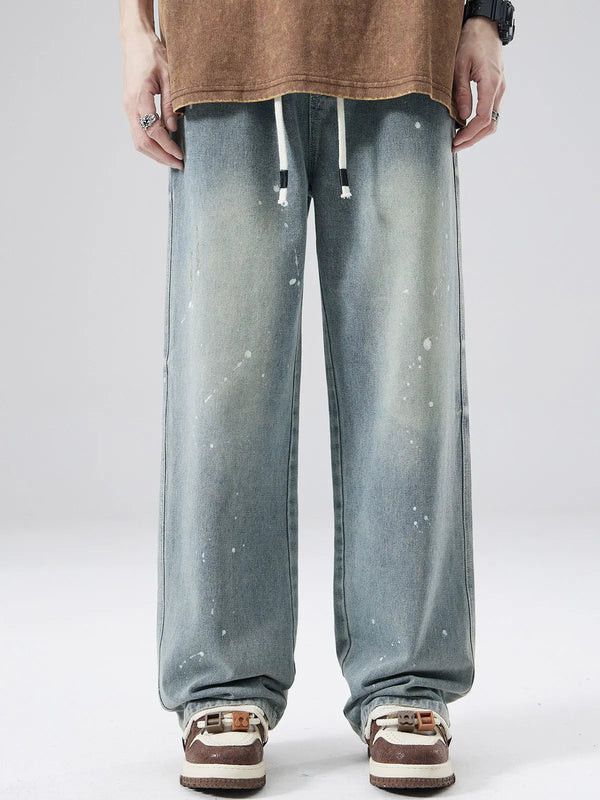 DUKEEN Men's Heavyweight Straight-Leg Jeans Spring Autumn 2026 High Street Paint Splatter Loose Fit Casual Pants