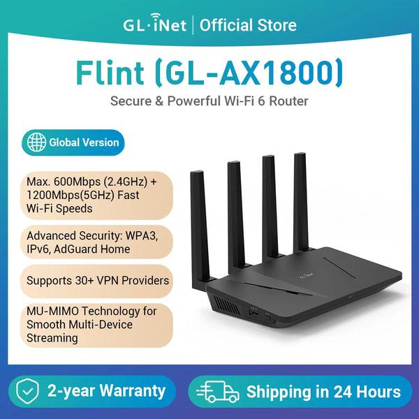 រ៉ោតទ័រ GL.iNet GL-AX1800(Flint) WiFi 6 - ឥតខ្សែ Dual Band Gigabit, រន្ធ Ethernet 1G ចំនួន 5, ល្បឿន OpenVPN និង WireGuard ដ៏អស្ចារ្យ