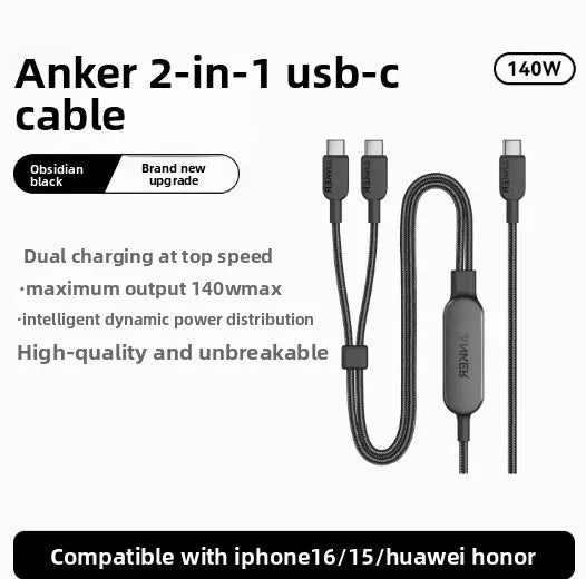 ខ្សែសាកទិន្នន័យ ANKER មួយទៅពីរក្នុងមួយ ក្បាលពីរ ប្រភេទ C ច្រើនមុខងារ សាកលឿន 140W សម្រាប់ទូរសព្ទ និងកុំព្យូទ័រយួរដៃ