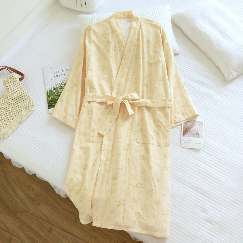 Floral Women's Sleep Robes Sleepwear Women Spring Autumn 100% Cotton Long Sleeve V Neck With Belt Bathrobe Female Loose Robe