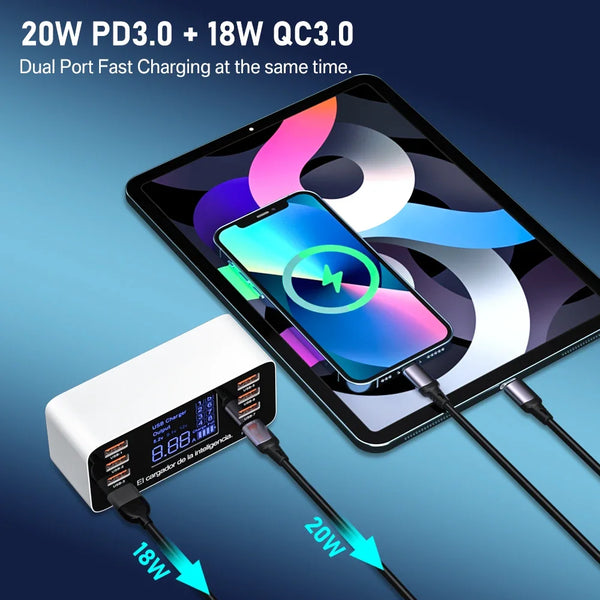 ឆ្នាំងសាក USB 8 រន្ធ QC3.0 សាកលឿន សាកថ្មទូរស័ព្ទ អាដាប់ទ័រប្រភេទ C 20W PD សាកលឿនសម្រាប់ iPhone 13 12 Samsung Xiaomi Huawei