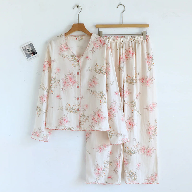 Floral Home Suit for Women Sleepwear Spring Autumn Long Sleeve Pajamas Two-piece Women's Set Night Wear for Ladies Pijama Pyjama