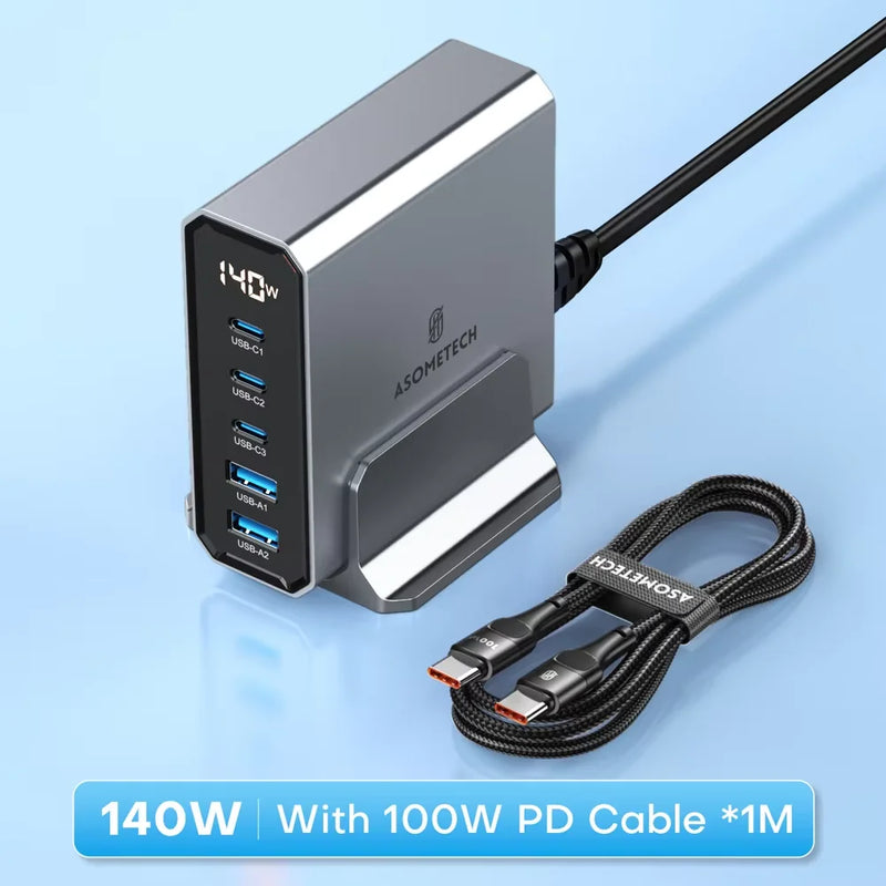 ឆ្នាំងសាក USB GaN 140W 5 រន្ធ ប្រភេទ C PD3.0 QC Quick Charge 4.0 3.0 PPS USB C ឆ្នាំងសាកលឿនសម្រាប់ iPhone 14 13 Samsung Macbook ថេប្លេត