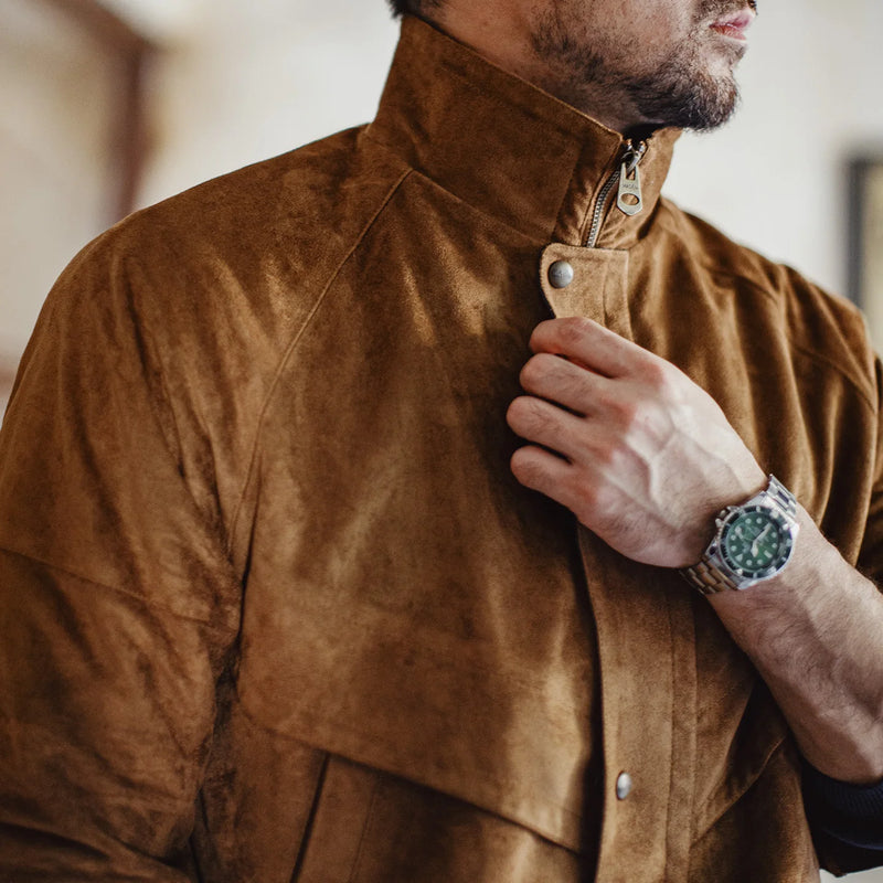 Maden Vintage Suede Coach Jacket Men's Stand Collar Cropped Safari Jacket Windproof Warm Coat for Autumn Winter Streetwear