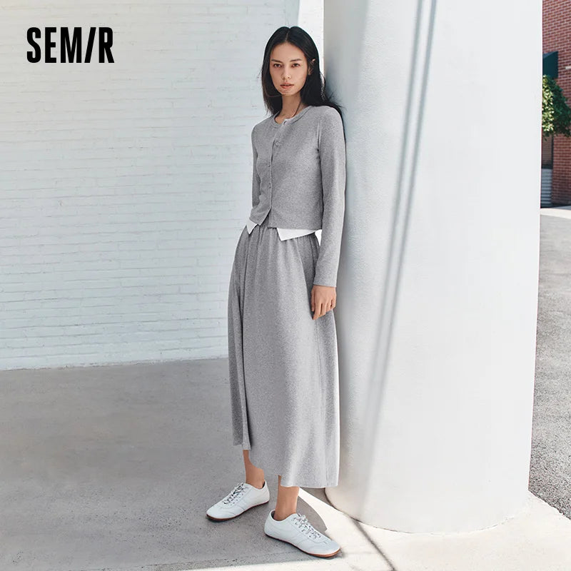 Semir Women Set 2026 Cropped Round Neck Top Elastic Waist Long Skirt 2026 Autumn Casual Style Slim Look Two Piece Outfit