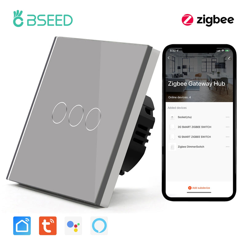 BSEED Zigbee Smart Switch 1/2/3Gang 1/2/3Way Smart Touch Light Switch Work With Tuya Smart Life Blue Backlight No Neutral Line