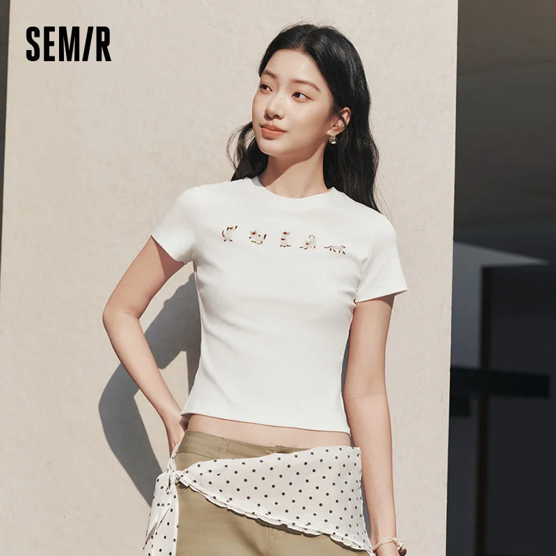 Semir Womens Tshirt 2026 Short Slim Regular Shoulder Cat Printed Cute Casual Fashion Daily Wear