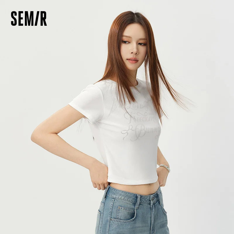 Semir Womens Tshirt 2026 Short Style Slim Printed Mesh Spliced Sweet Fashion Design Casual