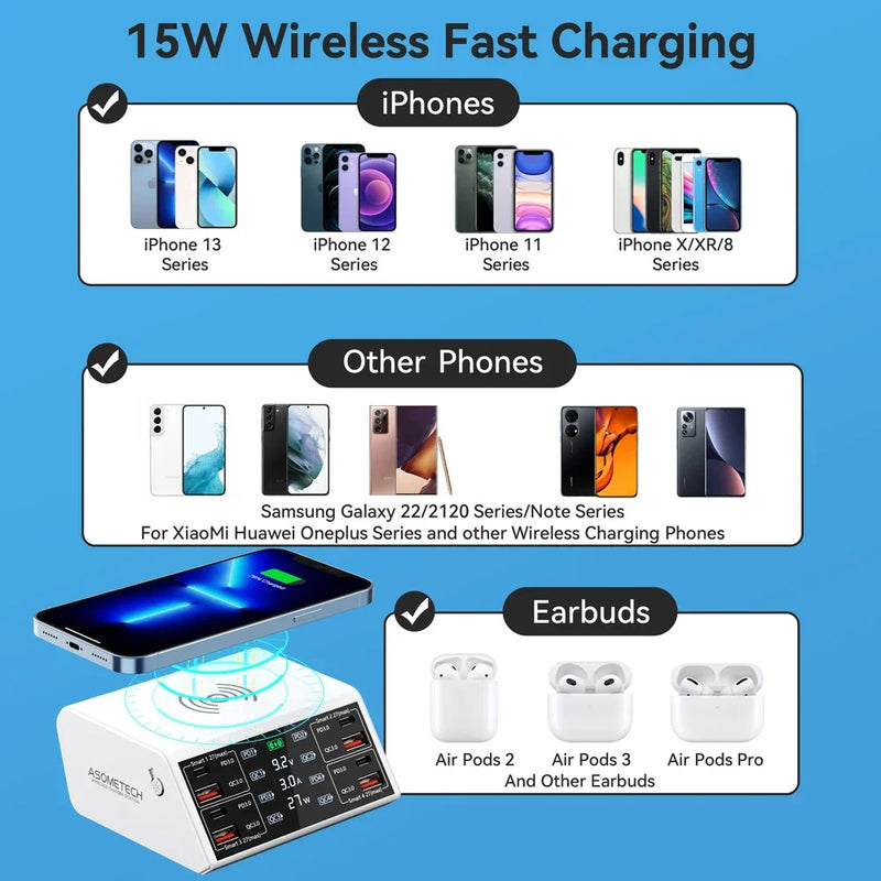 ឆ្នាំងសាកឥតខ្សែ 100W QC 3.0 USB ឆ្នាំងសាកឥតខ្សែ សាកលឿន PD USB C ឆ្នាំងសាកទូរស័ព្ទ គ្រឿងបន្លាស់ឆ្នាំងសាកលឿនសម្រាប់ iPhone 12 13 Xiaomi