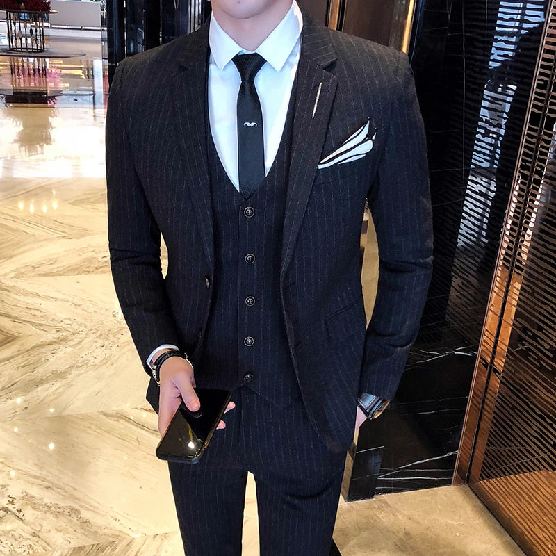 2026 Men Black Classic Striped/Checked Suits, Men's Business Office 3-Piece, Asian Size Slim Fit Sets, Blue/Gray Available