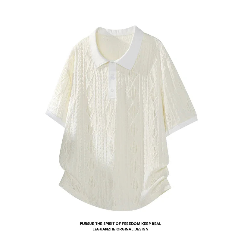 Men Lapel Collar Polo Short Sleeve Top Rhombus Jacquard Weave Partial Button Closure For Youth Casual Street Fashion Style