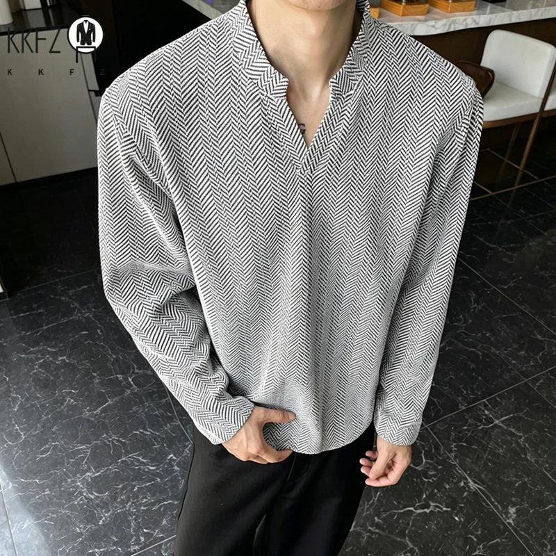 Mens Casual Loose Long Sleeve Top Notched V Neck Herringbone Jacquard Pattern Breathable Fabric Daily Wear