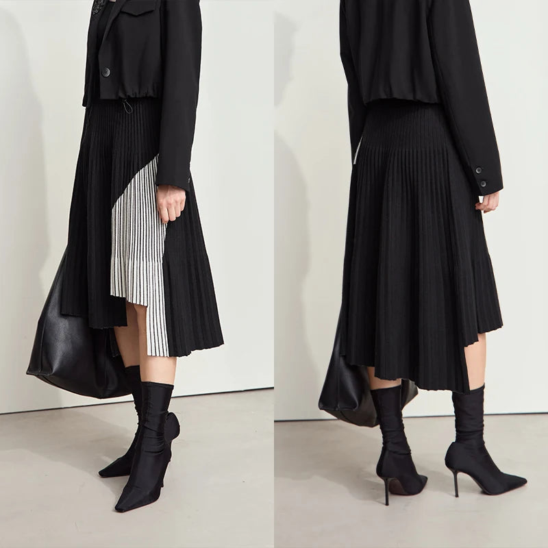 AMII Women's Minimalise Patchwork Skirts 2026 Winter Versatile A Line Pleated Irregular Female Commuter Knitted Skirt 12424047