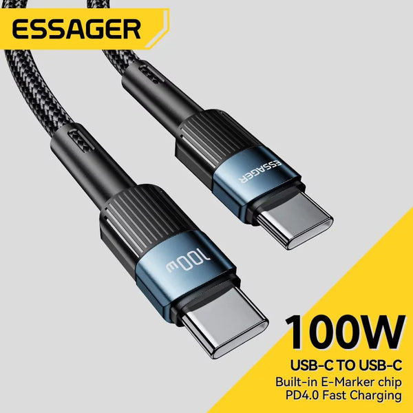 ខ្សែសាក Essager 100W USB Type C ទៅ USB C ខ្សែសាក USB-C PD សាកលឿនសម្រាប់ Macbook Samsung Xiaomi ខ្សែ USBC ទំហំ 3M