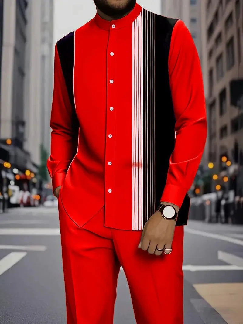 Men's Two-piece Set for Spring/Fall: An Ethnic-style Long-sleeve Shirt Paired with Pants, Red, Blue, Green, Gray, Black, Purple.
