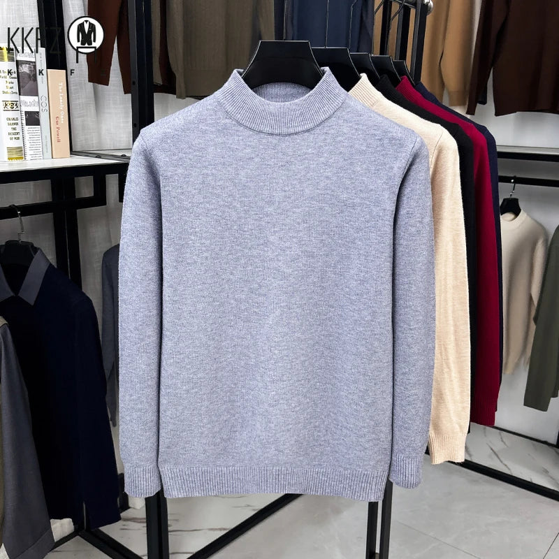 Daily Basic Knit Sweater Men Long Sleeve Mock Neck Rib Collar Autumn Walking Business Casual Pullover