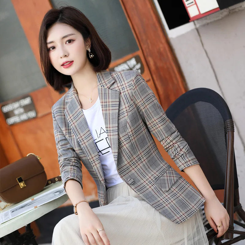 2026 Women's Gray Striped Plaid Suit Jacket, Asian Sizes Slim-Fit Coats, V-Neck Single Button Ladies Blazers S-XXXXXL