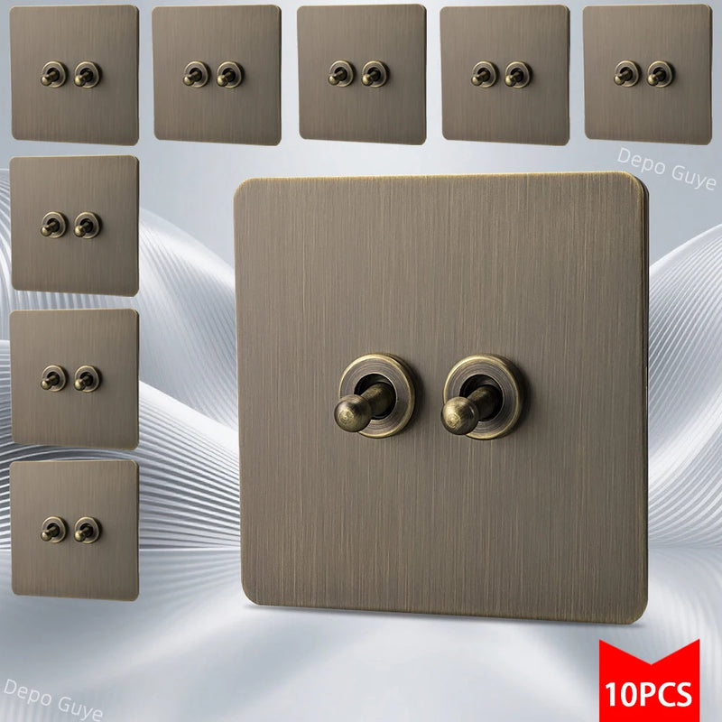 5/10 PCS Retro Eu Metal Wall Toggle Light Switch,1/2/3/4 Gang 2Way Bronzed Antique Stainless Steel Wall Panel Switch