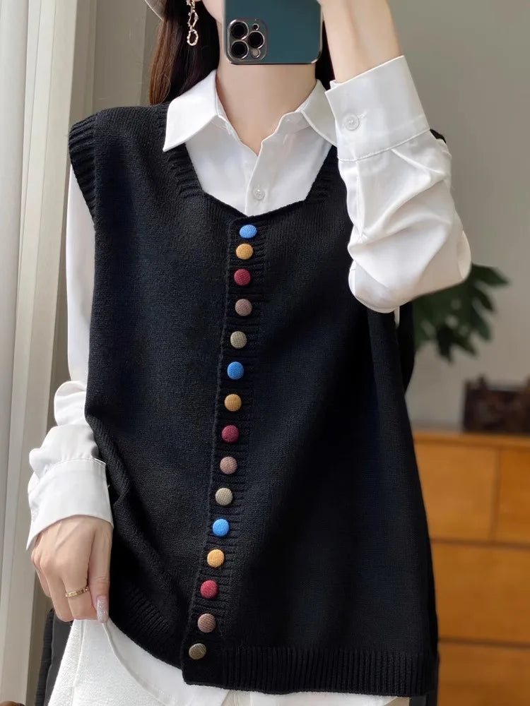 Retro Button Crew Neck Knitted Vest Cardigan Women's Sleeveless Sweater Stack Wear Versatile Top Ladies Spring Autumn Jacket