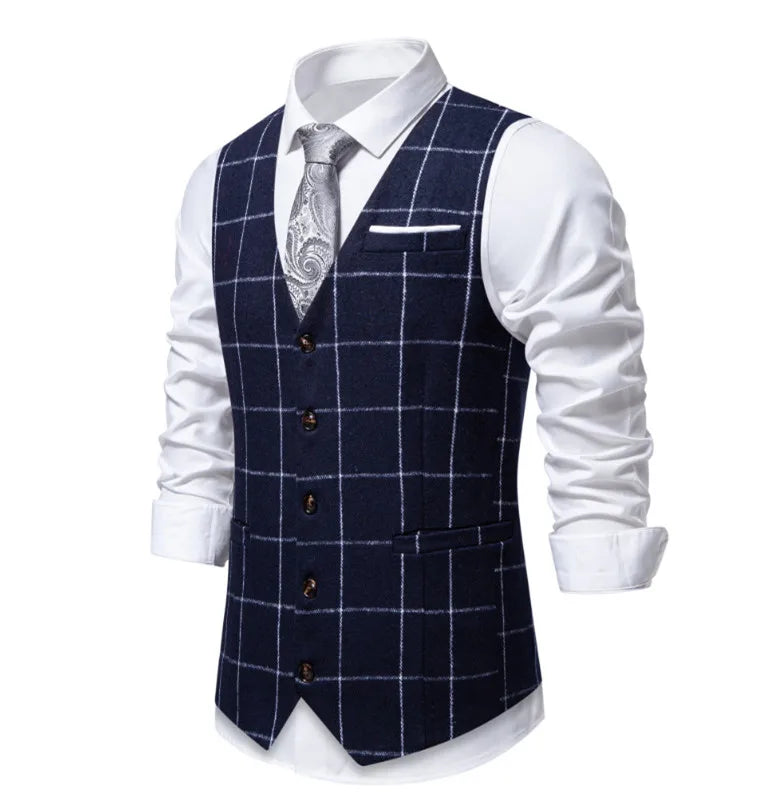 Men's Black Suit Vest; White Checkered Single-breasted V-neck Sleeveless Vests; European Sizes.