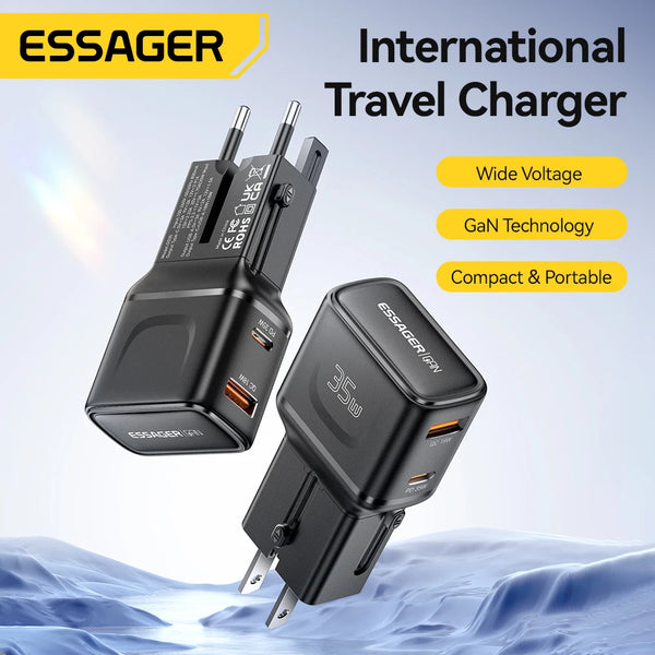 Essager 35W GaN International Travel Adapter Dual Port Charger for Xiaomi Samsung IPhone16 15 Pro Max for US/CN EU UK AUS Travel