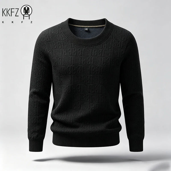 Male Warm Knitted Pullover Round Neck Full Body Letter Pattern Lightweight Fabric Long Sleeve Tops For Daily Social Wear