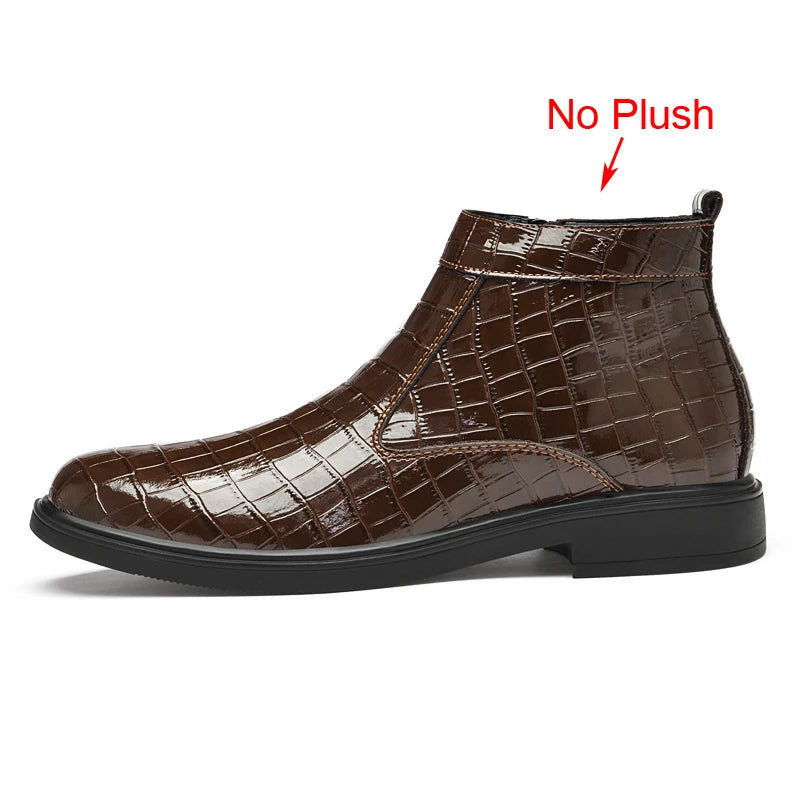 Autumn Winter Mens Patent Leather Boots Men Casual Brown Black Ankle Boots With Side Zipper Big Size 47 48