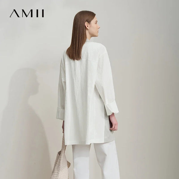 អាវក្រៅធម្មតាសម្រាប់នារី Amii Minimalist រដូវស្លឹកឈើជ្រុះឆ្នាំ ២០២៥ ធ្វើពីក្រណាត់ Lyocell Linen Collision Splicing Crumple Texture Loose Blazer 12551008