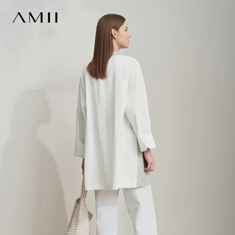 អាវក្រៅធម្មតាសម្រាប់នារី Amii Minimalist រដូវស្លឹកឈើជ្រុះឆ្នាំ ២០២៥ ធ្វើពីក្រណាត់ Lyocell Linen Collision Splicing Crumple Texture Loose Blazer 12551008