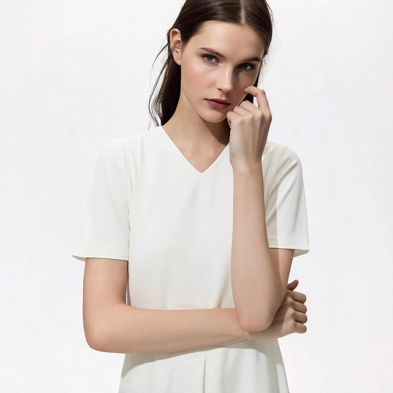 Amii Midi Dress Woman 2026 Summer New V Neck Loose Fit Asymmetric Hem Simple Office Casual Short Sleeve Dress For Women 12622137