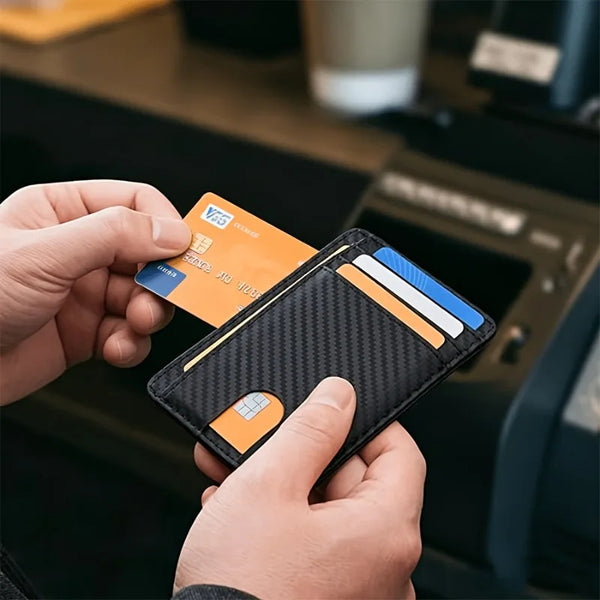 Slim Minimalist Wallet - PU Leather with Carbon Fiber Texture,Rfid-Blocking Credit Card Holder & Coin Pocket,Stylish & Compact