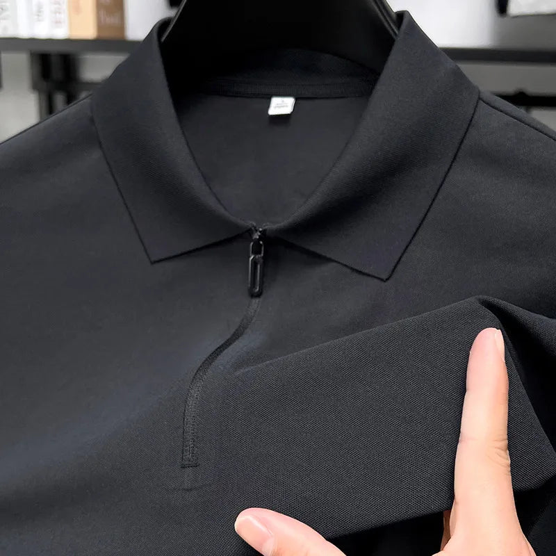 Men's Half-Zip Polo Shirt Light Beige Breathable Casual Slim Fit Stretch Cotton Classic Collar Business Casual Tops
