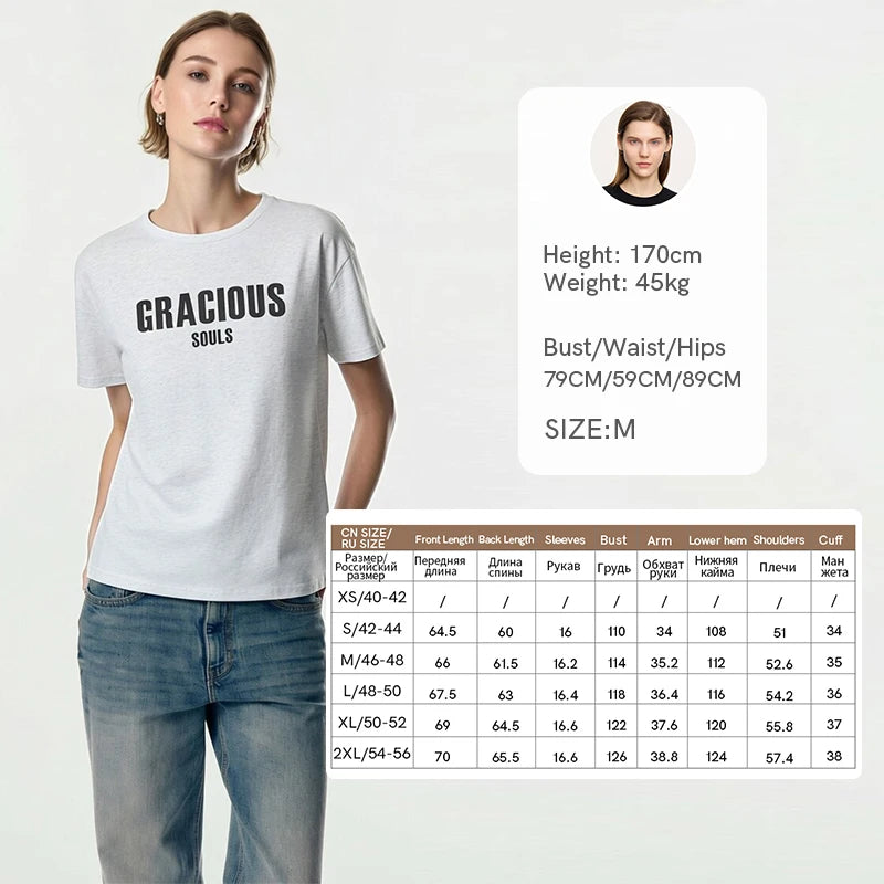Amii Women's Summer Tee 2026 New Cotton Round Neck Drop Shoulder T-Shirt Loose Letter Printing Female Short Sleeve Top 12622019