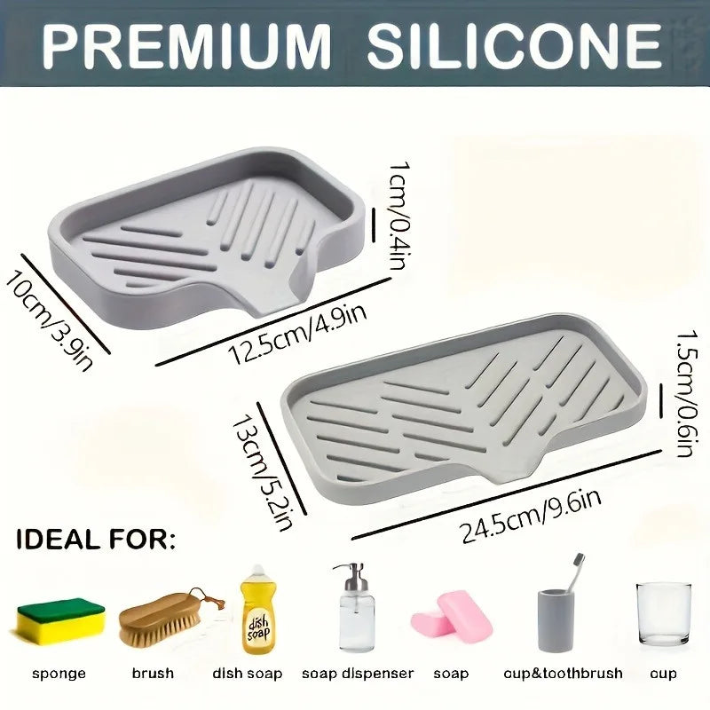 1pc Silicone Kitchen Sink Organizer Tray, Soap Dish Holder With Drain Tip,Water-Resistant Countertop Storage Accessory.