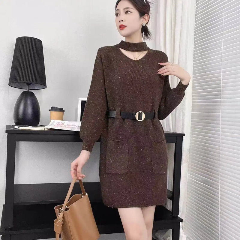Red Knitted Primer Dress for Women's Autumn Winter French Retro Slim Inner Medium Long Sweater Thicken Warm Pullover Dresses