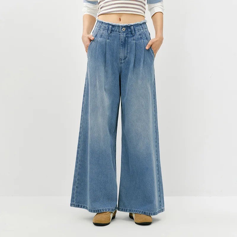 Semir Stylish Jeans Women 2026 Spring Raw Hem High Waist Wide Leg Floor Length Leg Lengthening Fashion Trousers